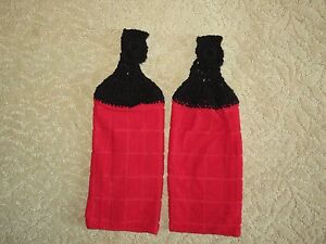 Crochet top kitchen towels- Red Microfiber Towels with Black accent tops