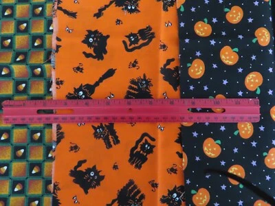 3 pcs 1/4 yds each Halloween Fabric Quilting Cotton Pumpkins Bk cats Candy Corn - Image 1 of 4