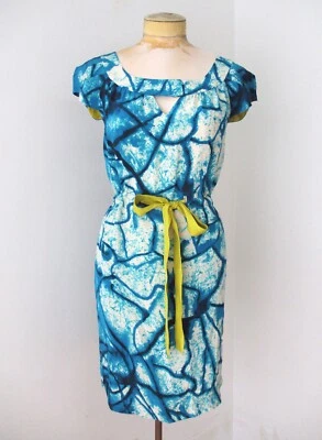 Yoana Baraschi blue white batik style splash 100% silk dress chartreuse belt 2 - Image 1 of 4