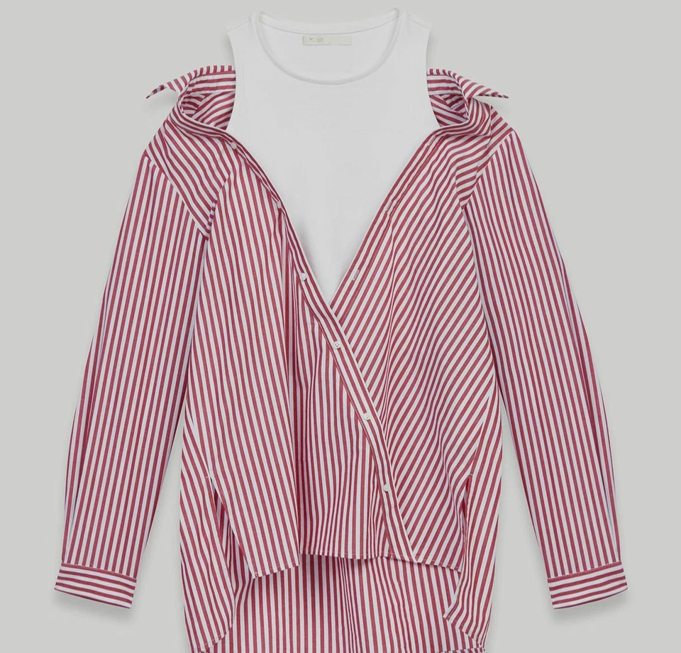 $265 Maje Women Red White Long-Sleeve Button Cotton Blouse Shirt Top Size 1/S - Image 1 of 1