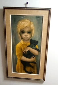 Vintage "The Stray" by Margaret Walter Keane Framed Print Big Eyes Girl with Cat - Picture 1 of 7