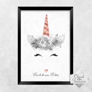 Unicorn girl rose gold PRINT ONLY a4 Gift Picture wall art bedroom personalised - Picture 1 of 1