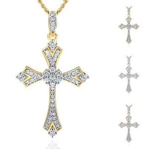 .22CTW Real Diamond 10K Gold Yellow White Rose Cross Pendant 1.1" - Picture 1 of 11