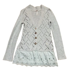 Free People Green Blue Cardigan Sweater XS Boho Cottagecore Lace Trim Womens - Picture 1 of 5