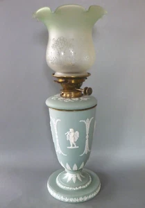 Wedgwood Green Jasperware Oil Lamp c1875 - Neoclassical Angels - Optional Shade - Picture 1 of 24