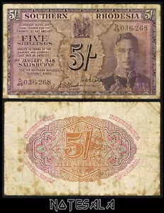SOUTHERN RHODESIA 5 SHILLINGS 1948 PICK-8b SN D46 036,268 Circulated - Picture 1 of 1