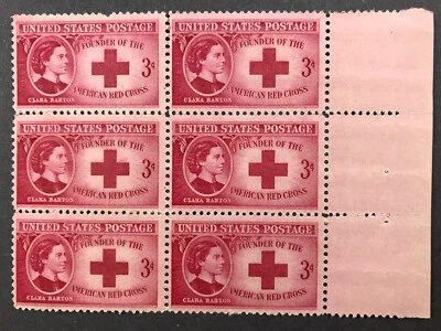 Unused US Postage 6 Block of 3 Cent Stamps CLARA BARTON American RED CROSS, 1948 - Image 1 of 4