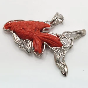 Colgante de coral de pescado, coral rojo natural, figura de estilo vintage, tallado a mano, plata - Imagen 1 de 11