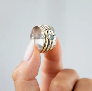 Blue Topaz Silver Spinning Ring, Meditation Spinner Ring, Anxiety Worry Ring