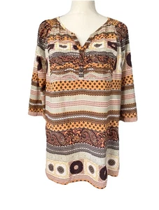 Vicente Bohemian Artsy Top Sz XL Multicolor Print 3/4 Sleeves Smocking Pleats - Imagen 1 de 16