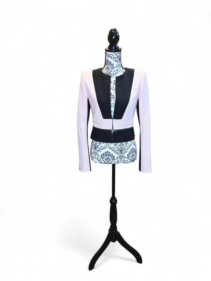 NUEVO CON ETIQUETAS BCBGMAXAZARIA Marcus Rosa y Negro Imitación Cremallera Cintura Chaqueta Recortada TALLA XS Foto 1 de 4