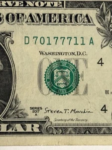 Trinary One Dollar Bill Fancy Serial Number D70177711A 2017 Series Triple 7s ¥ - Picture 1 of 10