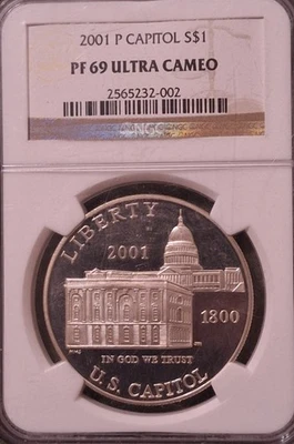 2001-P Capitol Visitor Center $1 NGC PF69UCAM 90% Silver Commemorative Dollar - Image 1 of 2