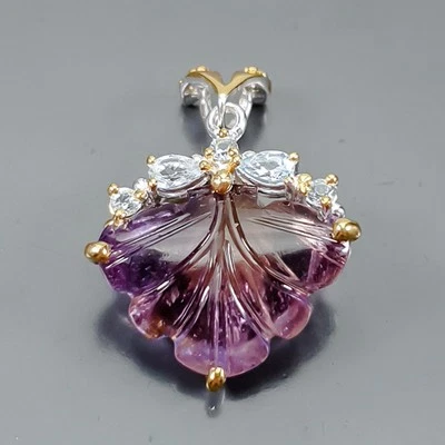 宝石雕刻 18 克拉天然紫水晶吊坠 925 纯银 /B-P0730 — 第 1/4 张图片