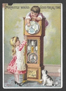 Victorian Trading Card - Brooks Thread - "Children Winding Clock" (3H5) - Picture 1 of 2