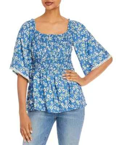 Status by Chenault Womens Blue Floral Smocked Square Neck Blouse Top M NWT - Picture 1 of 6