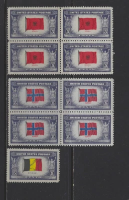 USA SC #s 911,918 BLOCKS 4 & 914 MNH OVERRUN COUNTRIES NORWAY, BELGIUM, ALBANIA - Image 1 of 2