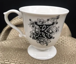 Anthropologie Monogram K Coffee Mug Cup Black White Fancy Floral Footed EUC - Picture 1 of 4