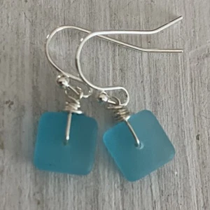 Min Favorit Pazifikblau Meer Glas Quadrat & Silber Pl Handwerk Ohrringe Zierlich - Bild 1 von 6
