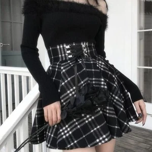 High Waist Plaid Lace Up Skirt | Women A-Line Wool Blend Skirt Gothic Skirt - Picture 1 of 6