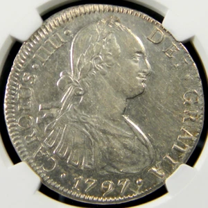 Mexico 1797-Mo FM 8 Reales  Double Struck Obverse NGC AU Details Cleaned (05-20) - Picture 1 of 4