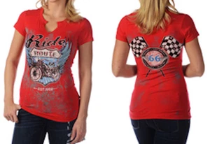 Liberty Wear Short Sleeve Ride Route 66 With Stud Rhinestones - Red - Biker Wear - Picture 1 of 4