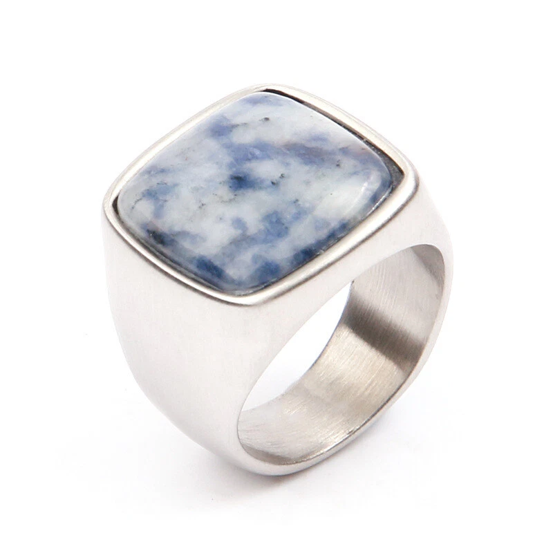 Anillo de boda retro cuadrado de piedra azul cielo para hombre de acero inoxidable plateado talla 6-15 Foto 1 de 1