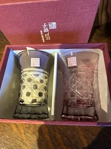 Japanese Edo Kiriko Glass Tumbler Skytree Pattern 2 Purple And Pink In Box - Picture 1 of 4