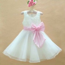 Girls Bridesmaid Baby Flower Kids Party Rose Bow Summer Wedding White Dresses 