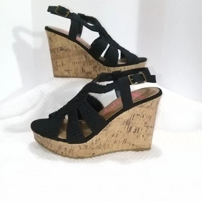 Nuevo en caja Jellypop Frasia para mujer talla 6,5 M. Cuñas de corcho de lona negra de 4". JS/NCA Foto 1 de 4