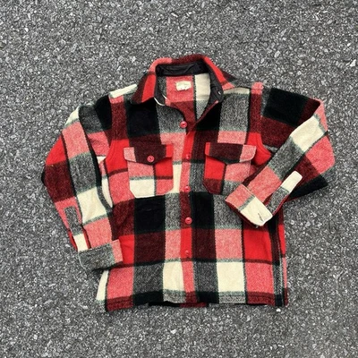 LL Bean Cursive Logo Vtg 50s Heavy Duty Flannel Jacket Shirt Plaid Blue USA M - Image 1 of 4
