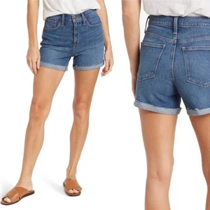 Pantaloncini denim Madewell con polsini orlo grezzo vita alta blu lavaggio lemoyne taglia 24 nuovi con etichette - Foto 1 di 12