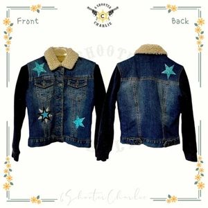 Vigoss Youth Girls Sherpa Fleece Lined Hooded Jean Jacket Stars Patches Size 10 - Picture 1 of 4