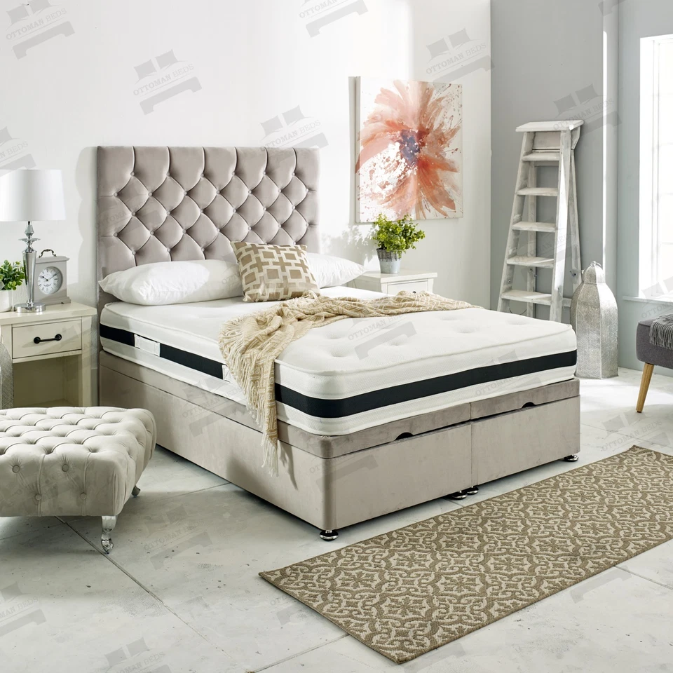 RICHMOND BEDS Chesterfield Bed Upholstered Gas Lift Ottoman Storage Bed Frame with Headboard