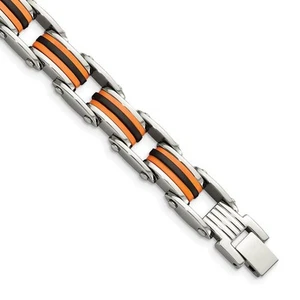 Men's Stainless Steel Orange and Black Rubber Bracelet - 8.75 Inch - Picture 1 of 7