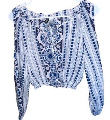 H&M Peasant cropped top Blouse Size 4 Open shoulder Blouse Boho Navy & White - Image 1 of 4