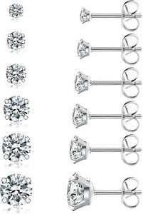 6 Pairs Stud Earrings Set, Hypoallergenic Cubic Zirconia 316L Earrings Stainless - Picture 1 of 6