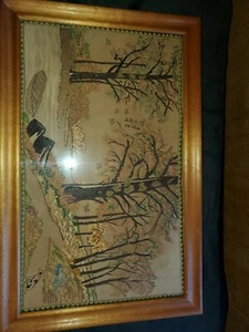 Needlepoint Art Large Vintage Picture Woods Trees Boat River Dog Framed MCM - Picture 1 of 12