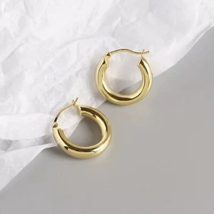 18 Karat Gelbgold über Silber hochpoliert Rohr Reifen Ohrringe 20 mm kleine Reifen - Bild 1 von 3