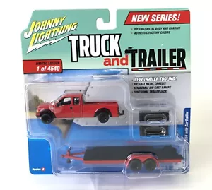 JOHNNY LIGHTNING 2004 FORD F-250 TRUCK & OPEN TRAILER 1/64 DIECAST RED JLCP7089 - Picture 1 of 1