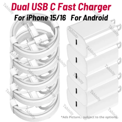 For iPhone 15 16 Pro Max iPad Samsung PD 20W Fast Charger Dual USB C Cable Lot - Image 1 of 4