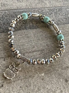 Owl Bracelet Artisan Stretch Multicolor Faceted Glass Metal Howlite Beads - Picture 1 of 12