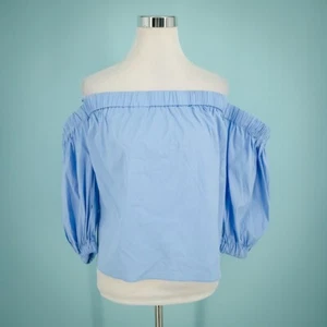 Milly Size Small S Blue Poplin Off the Shoulder Crop 3/4 Elbow Sleeve Cotton Top - Picture 1 of 5
