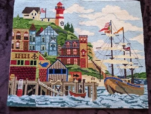 Vintage Seaside Embroidery Needlework Seaside Lighthouse Boat Village 16" x 20" - Afbeelding 1 van 12