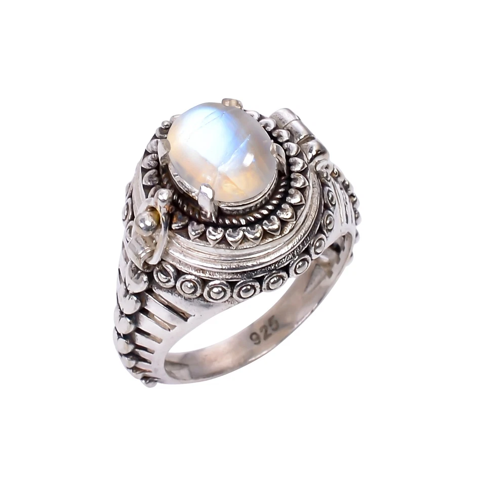 Anillo venenoso hecho a mano de piedras preciosas de luna naturales anillo venenoso de piedra lunar de plata 925 Foto 1 de 4