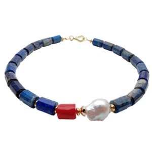 Natural Blue Lapis Red Coral Cultured White Keshi Pearl Necklace 18" - Picture 1 of 7