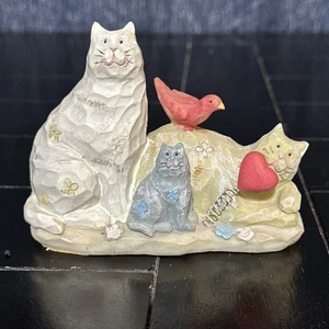 Polystone Cat Figurine - Features 3 Cats With Flowers and a Bird - Picture 1 of 5