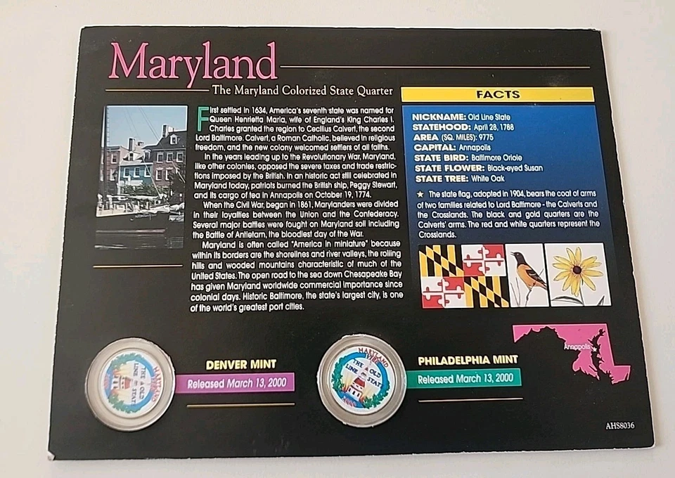 Colored 2000 Maryland U.S. Quarters Set Denver and Philadelphia Mint - Image 1 of 2