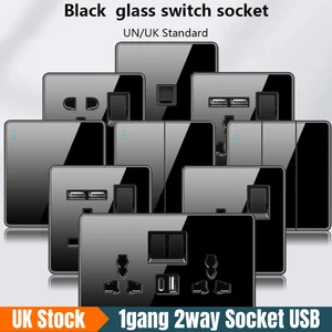 Black Tempered Glass Light Switch Socket 1 or 2 Gang UK Plug Sockets & Switches - Picture 1 of 39