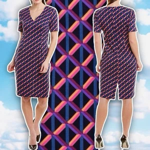 Trina Turk Museo V-Neck Ponte Midi Dress 14 Navy Career Preppy Groovy Retro Twee - Picture 1 of 9